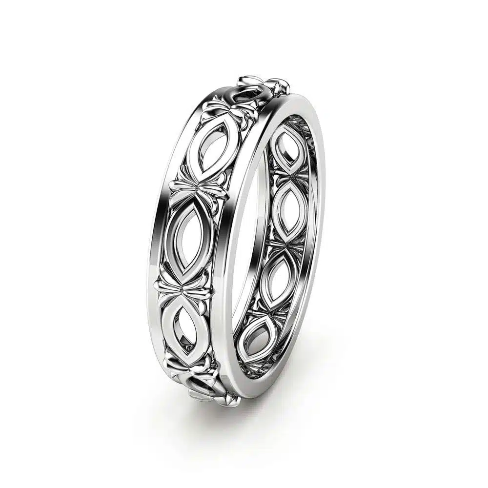 Unique Unisex Wedding Ring 14K White Gold Wedding Band Art Deco Ring Filigree Wedding Ring