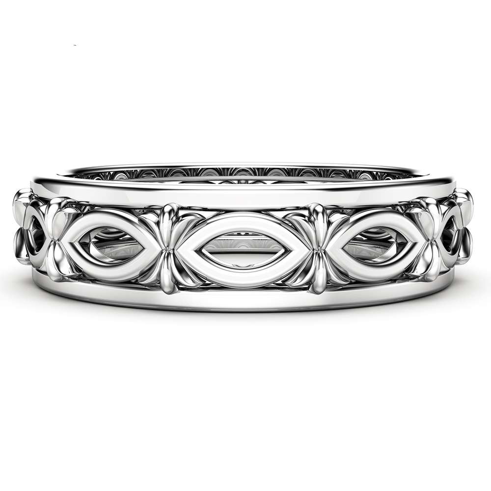 Unique Unisex Wedding Ring 14K White Gold Wedding Band Art Deco Ring Filigree Wedding Ring
