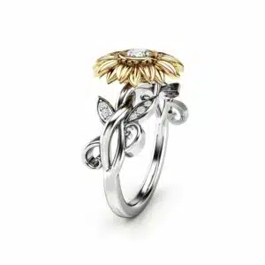 Blooming Golden Sunflower Engagement Ring with Twisted Botanical Band