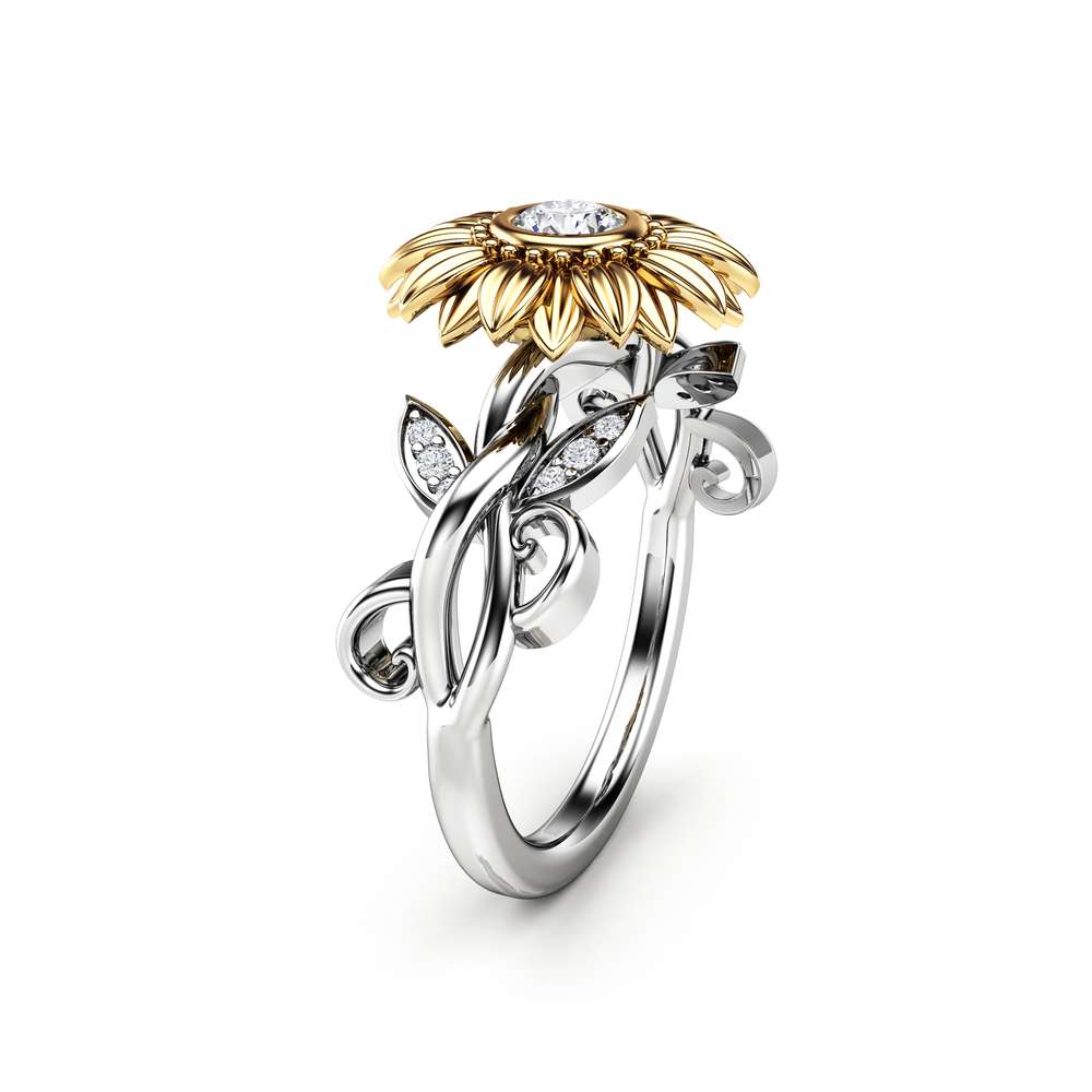 0.25 Carat Lab Diamond Sunflower Engagement Ring Nature Inspired Floral ...