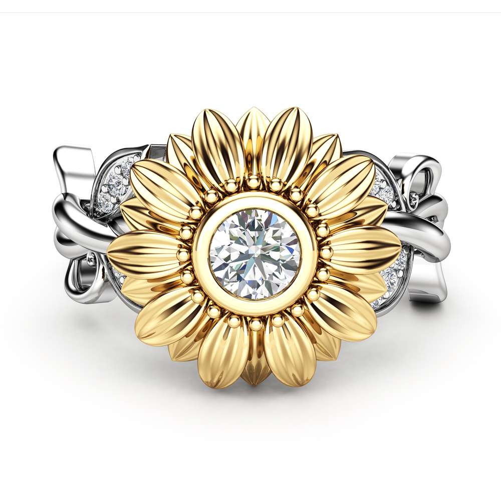 Unique 14K Gold Diamond Sunflower Engagement Ring / Gold Sunflower Ring / Flower Engagement Ring / Sunflower Jewelry / Women's Wedding Ring