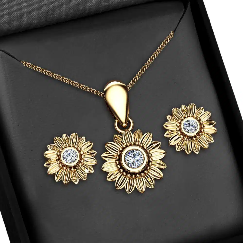 Sunflower Diamond Pendant and Earrings 14K Yellow Gold Jewelry Set Anniversary Floral Pendant and Earrings 1 Sunflower Diamond Pendant and Earrings 14K Yellow Gold Jewelry Set Anniversary Floral Pendant and Earrings
