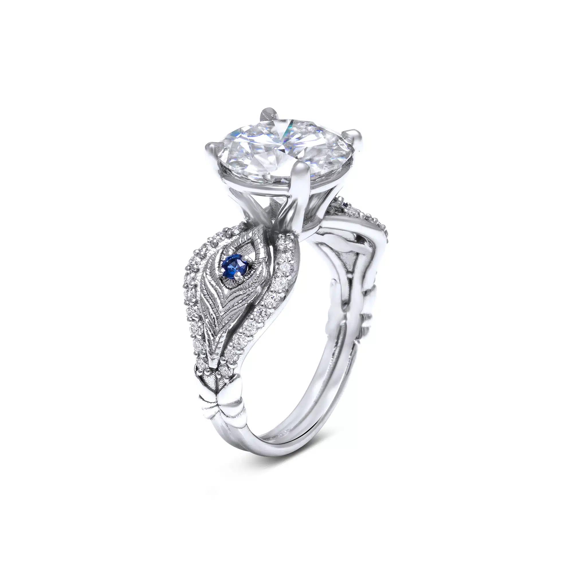 Unique Peacock Ring White Gold Feather Ring 4 Carat Moissanite Ring Unique Jewelry Gift 1 Unique Peacock Ring White Gold Feather Ring 4 Carat Moissanite Ring Unique Jewelry Gift