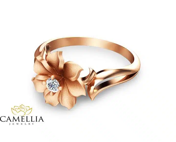 Unique Diamond Engagement Ring in 14K Rose Gold Leaf and Flower Solitaire Ring Nature Inspired Engag 2 Unique Diamond Engagement Ring in 14K Rose Gold Leaf and Flower Solitaire Ring Nature Inspired Engag