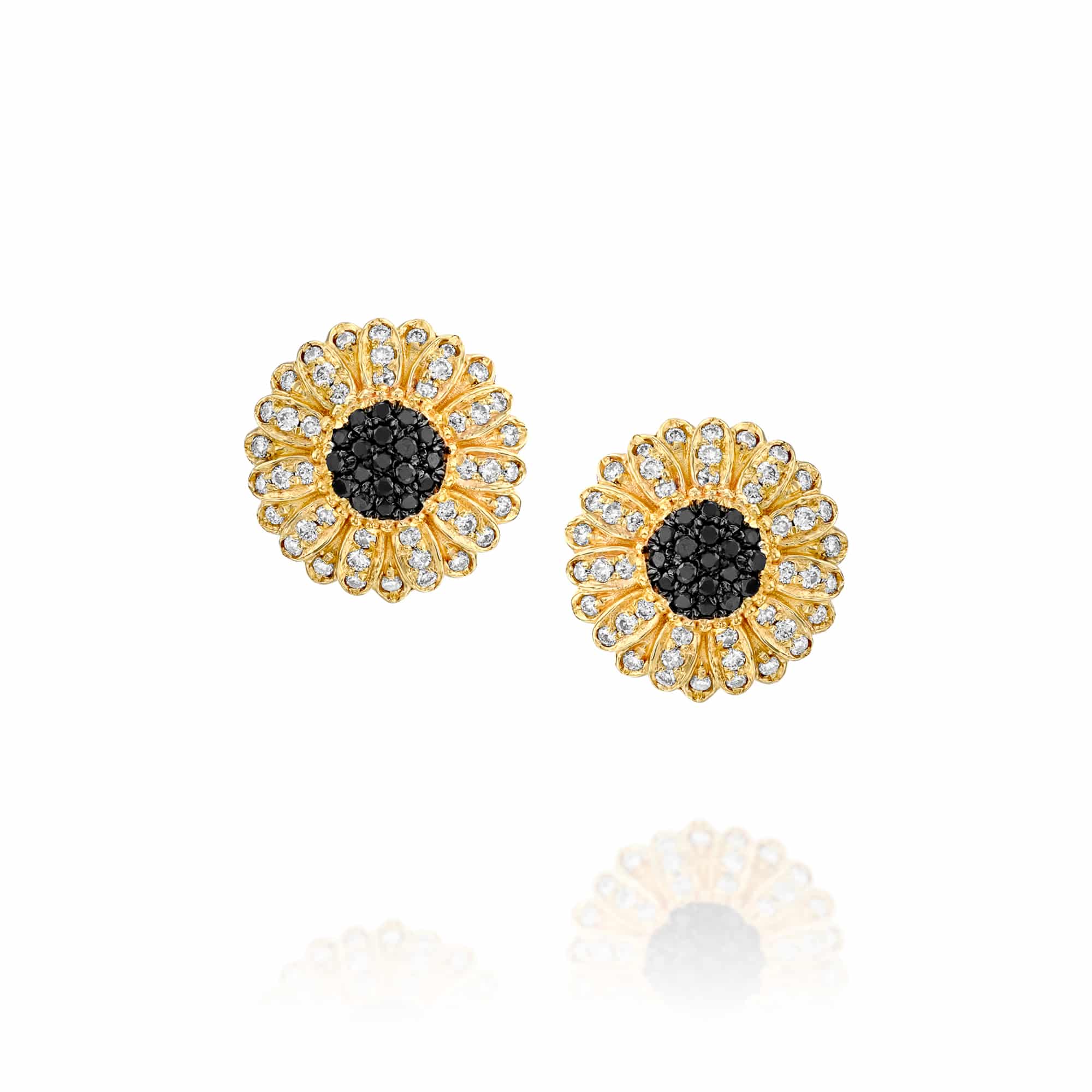 Yellow gold sunflower stud earrings shown face-up, black diamond centers with white diamond petal halos