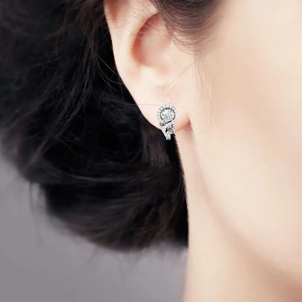 Diamond Halo Earrings Moissanite Earrings 14K White Gold Earrings Unique Anniversary Gift