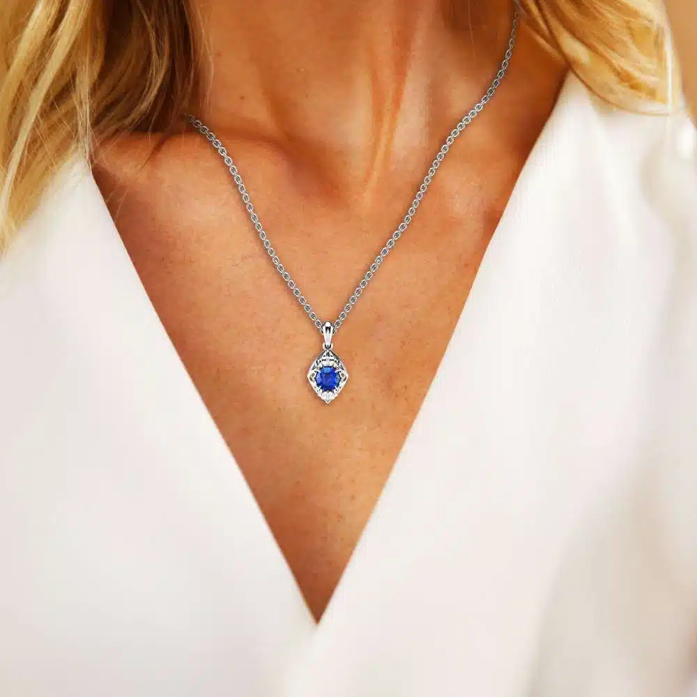 Sapphire Pendant Jewelry 14K White Gold Sapphire Jewelry Gold Necklace Anniversary Gift 3 Sapphire Pendant Jewelry 14K White Gold Sapphire Jewelry Gold Necklace Anniversary Gift