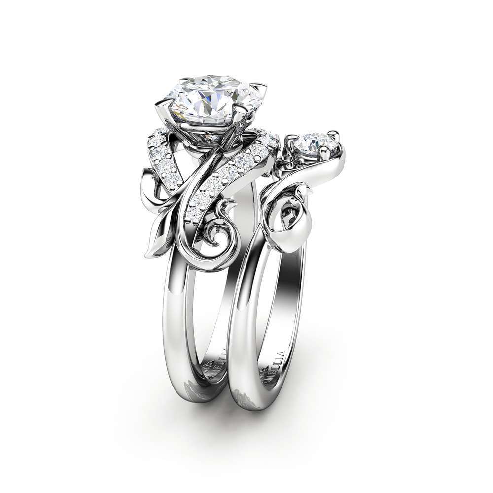 Moissanite Engagement Ring Set 14K White Gold Matching Rings Leaf Engagement Rings