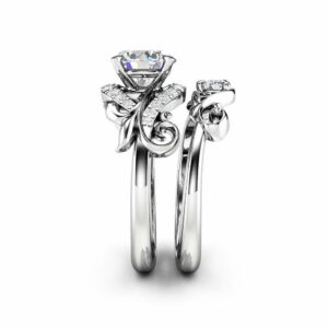 Moissanite Engagement Ring Set 14K White Gold Matching Rings Leaf Engagement Rings