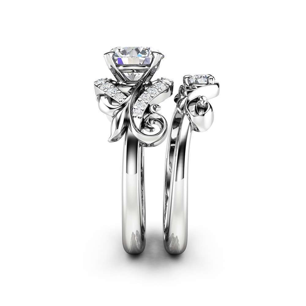 Moissanite Engagement Ring Set 14K White Gold Matching Rings Leaf Engagement Rings