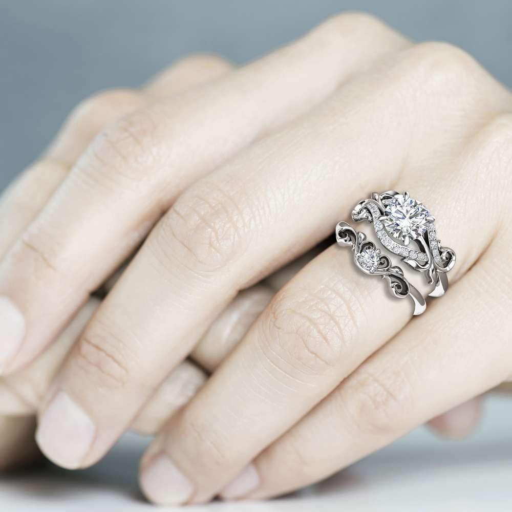 Moissanite Engagement Ring Set 14K White Gold Matching Rings Leaf Engagement Rings