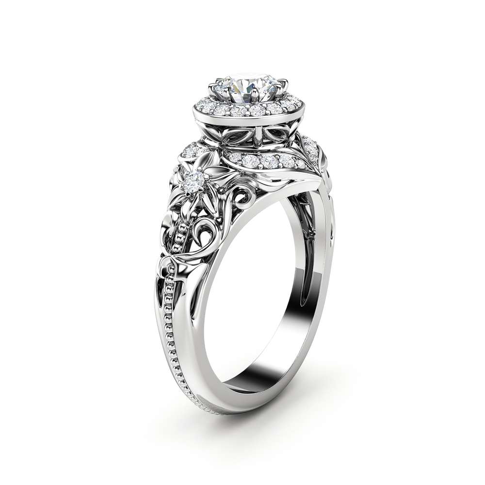Diamond Engagement Ring Halo Ring 14K White Gold Vintage Filigree Engagement Ring 1 Diamond Engagement Ring Halo Ring 14K White Gold Vintage Filigree Engagement Ring