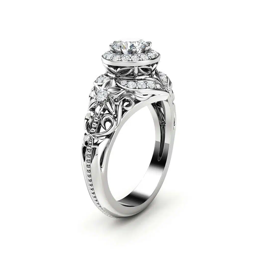Diamond Engagement Ring Halo Ring 14K White Gold Vintage Filigree Engagement Ring