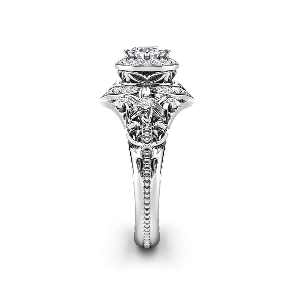Diamond Engagement Ring Halo Ring 14K White Gold Vintage Filigree Engagement Ring 3 Diamond Engagement Ring Halo Ring 14K White Gold Vintage Filigree Engagement Ring