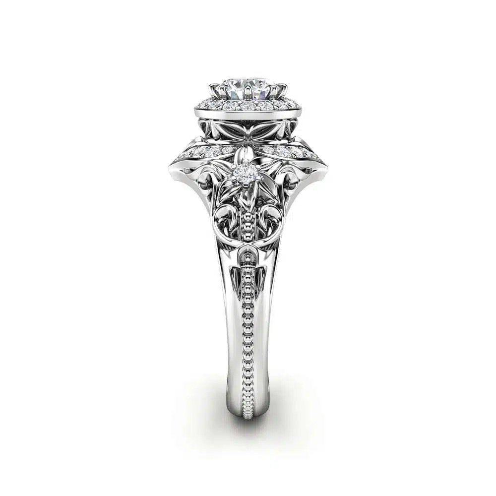 Diamond Engagement Ring Halo Ring 14K White Gold Vintage Filigree Engagement Ring