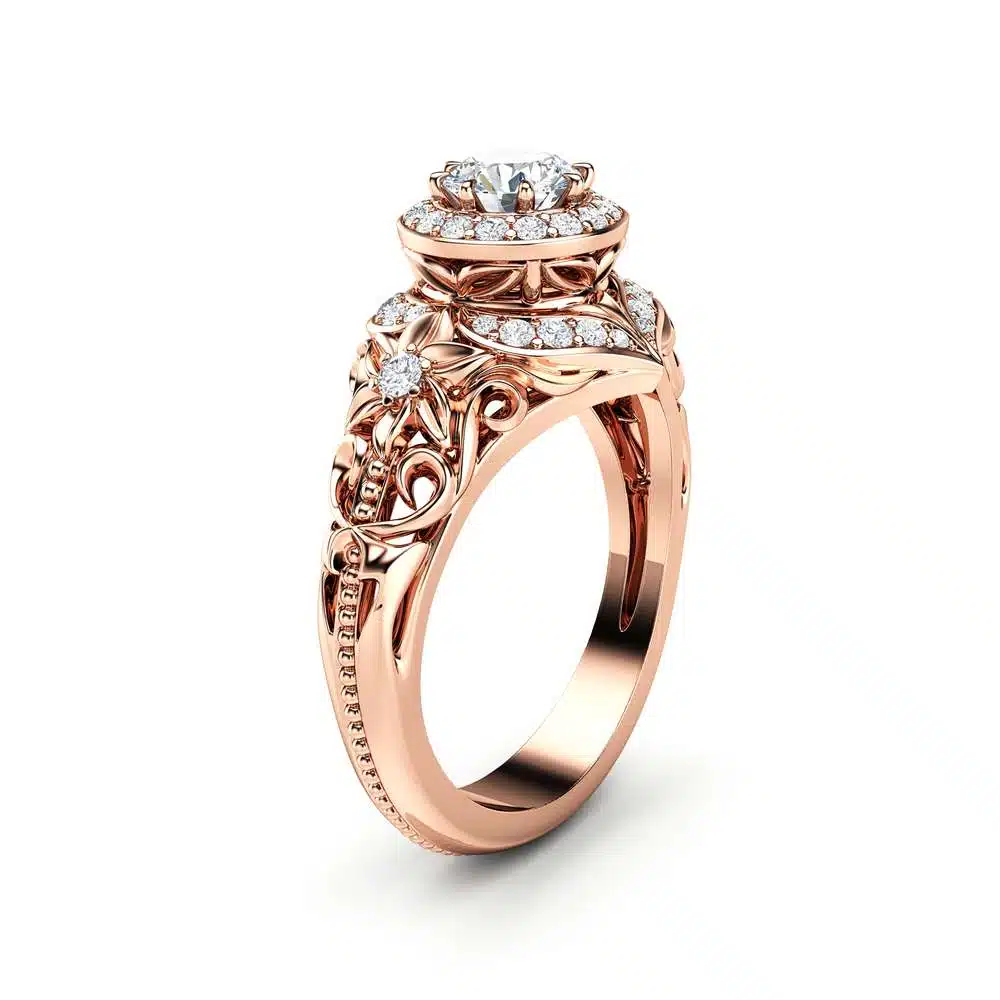 KT-0001B Diamond Engagement Ring Halo Ring 14K Rose Gold Ring Floral Filigree Engagement RingEngagement Ring 1 Diamond Engagement Ring Halo Ring 14K Rose Gold Ring Floral Filigree Engagement RingEngagement Ring