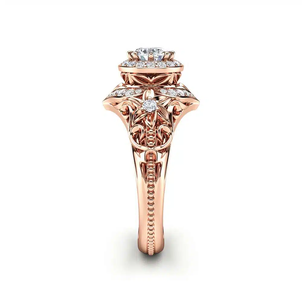 Diamond Engagement Ring Halo Ring 14K Rose Gold Ring Floral Filigree Engagement RingEngagement Ring 3 Diamond Engagement Ring Halo Ring 14K Rose Gold Ring Floral Filigree Engagement RingEngagement Ring