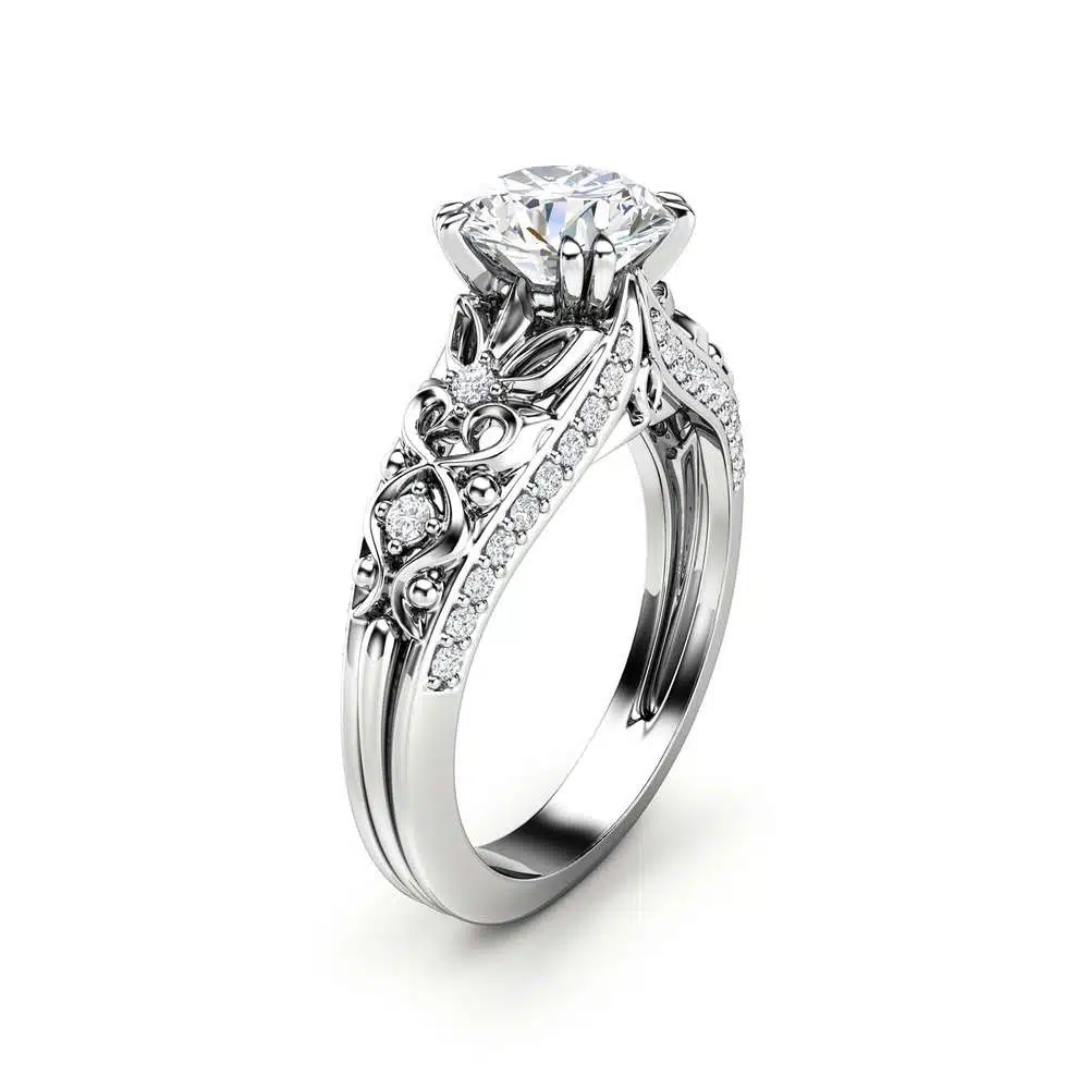 Unique Moissanite Engagement Ring 14K White Gold Ring Promise Ring Art Deco Engagement Ring 1 Unique Moissanite Engagement Ring 14K White Gold Ring Promise Ring Art Deco Engagement Ring
