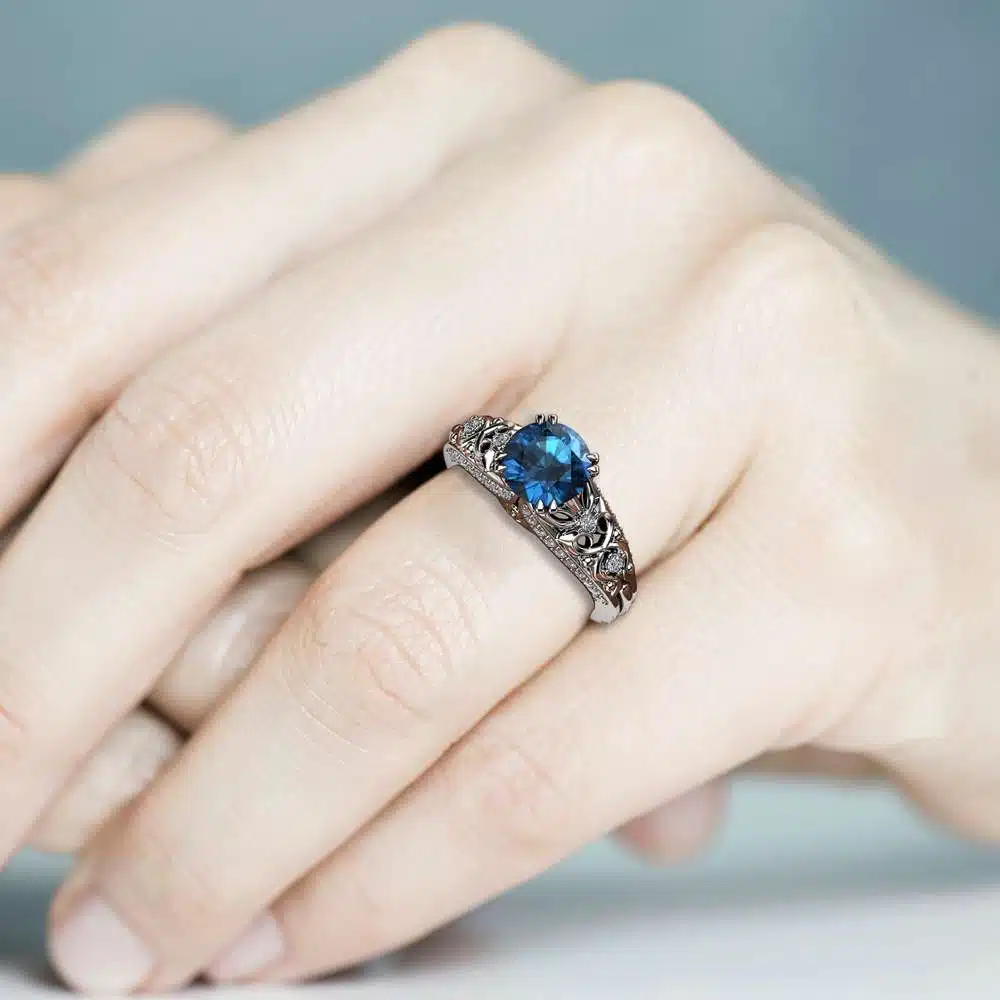 Blue Diamond Engagement Ring 14K White Gold Unique Diamonds Engagement Ring Art Deco Ring 4 Blue Diamond Engagement Ring 14K White Gold Unique Diamonds Engagement Ring Art Deco Ring