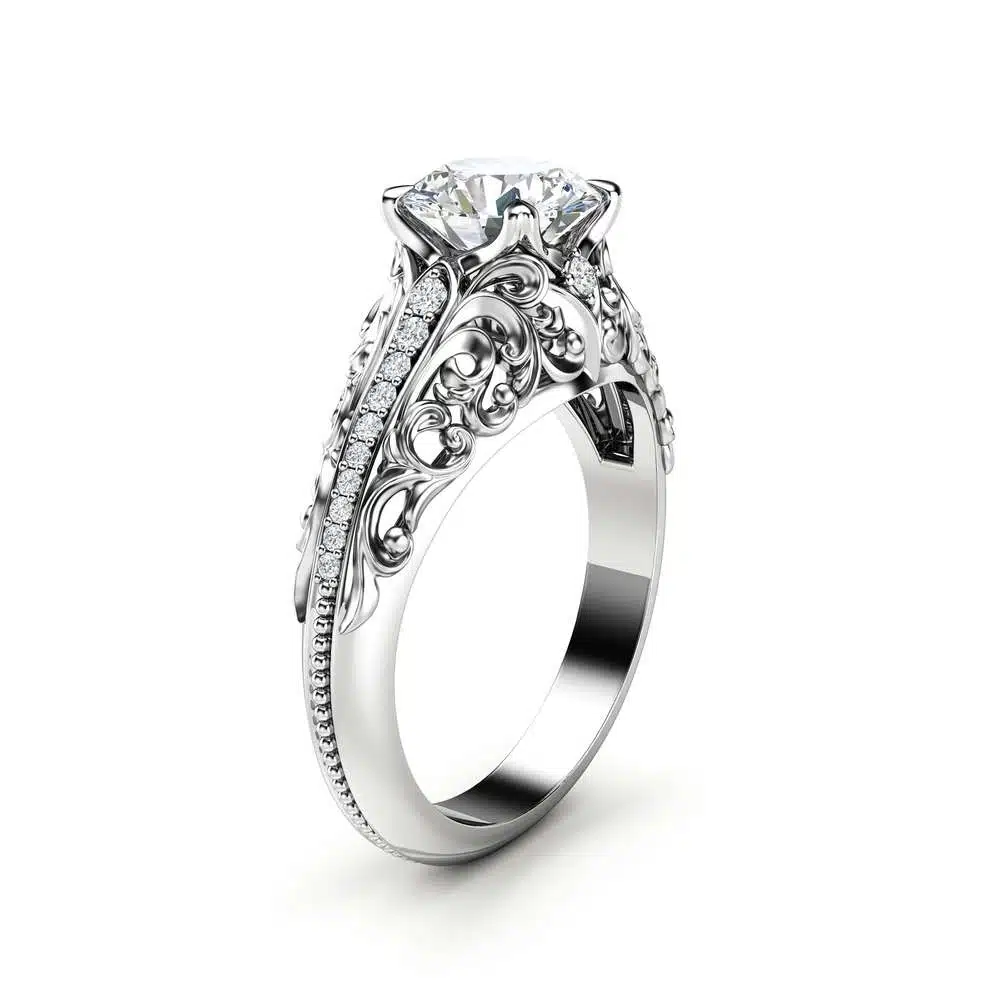 Art Deco Engagement Ring Moissanite Engagement Ring White Gold Ring
