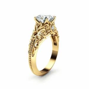 Unique Moissanite Engagement Ring 14K Yellow Gold Ring Filigree Anniversary Ring Milgrain Engagement Ring