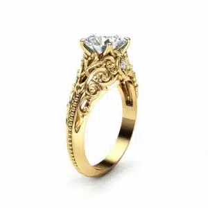 Unique Moissanite Engagement Ring 14K Yellow Gold Ring Filigree Anniversary Ring Milgrain Engagement Ring