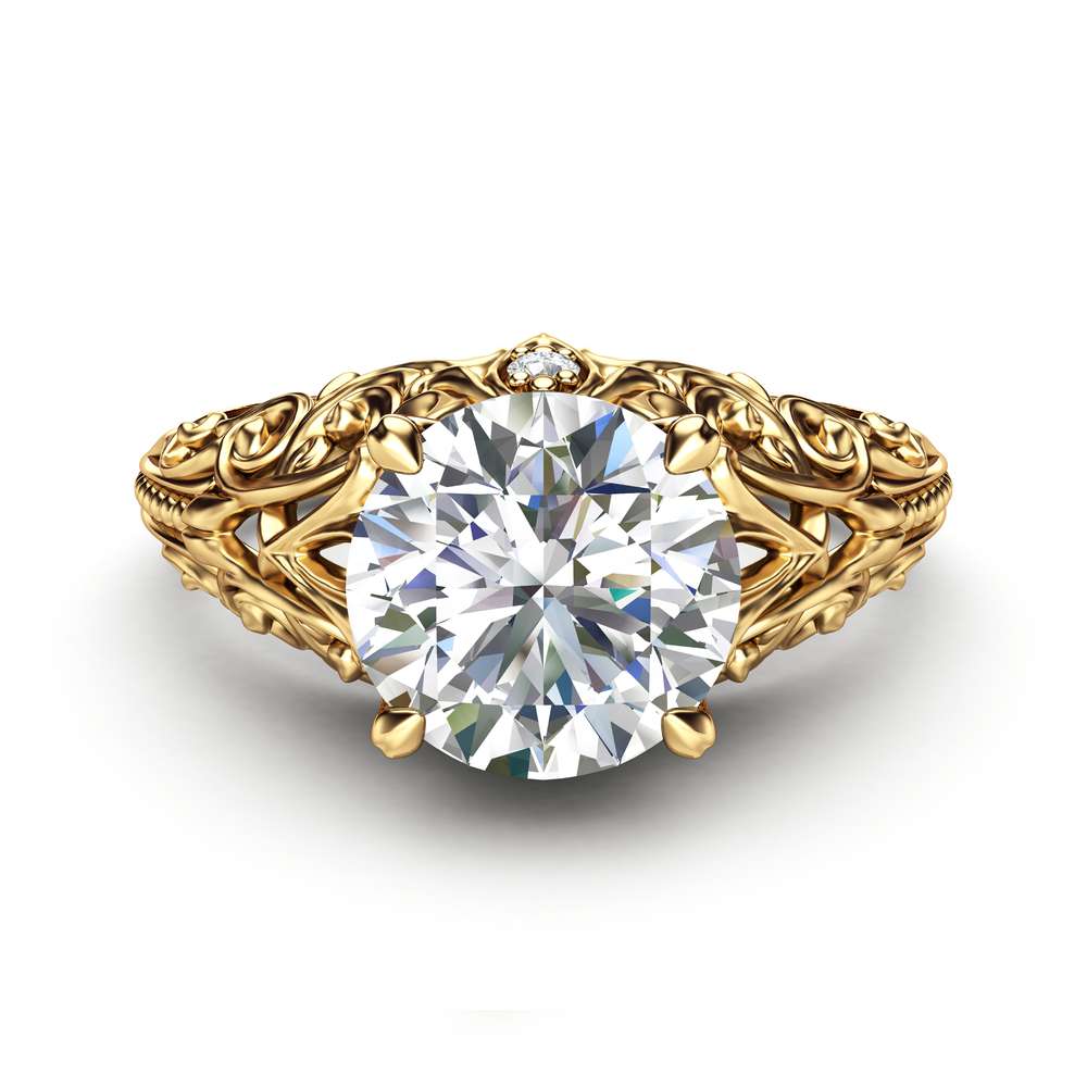 Unique Moissanite Engagement Ring 14K Yellow Gold Ring Filigree Anniversary Ring Milgrain Engagement Ring