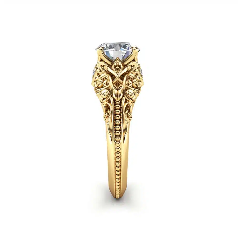 Unique Moissanite Engagement Ring 14K Yellow Gold Ring Filigree Anniversary Ring Milgrain Engagement Ring