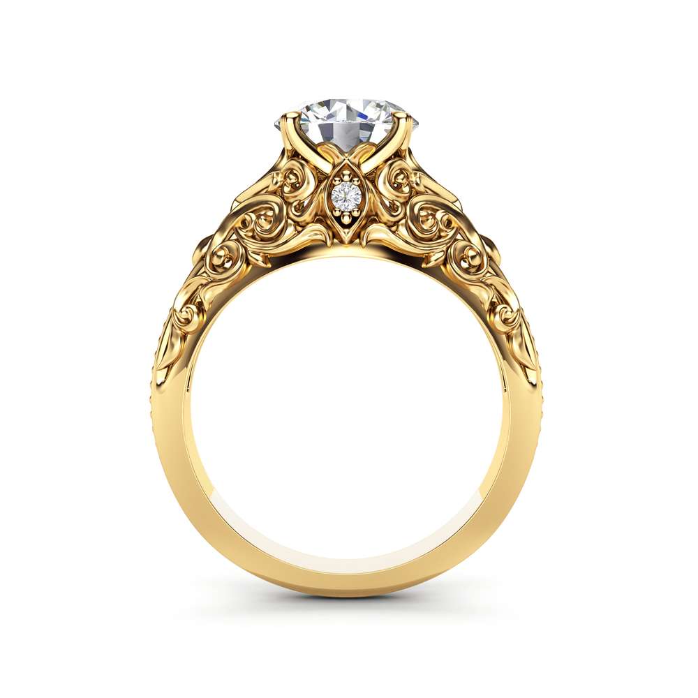 Unique Moissanite Engagement Ring 14K Yellow Gold Ring Filigree Anniversary Ring Milgrain Engagement Ring 4 Unique Moissanite Engagement Ring 14K Yellow Gold Ring Filigree Anniversary Ring Milgrain Engagement Ring