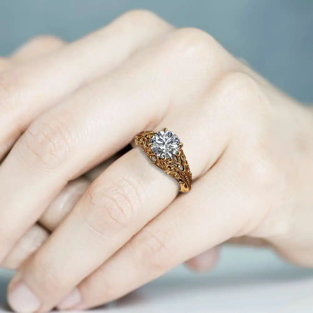 Unique Moissanite Engagement Ring 14K Yellow Gold Ring Filigree Anniversary Ring Milgrain Engagement Ring