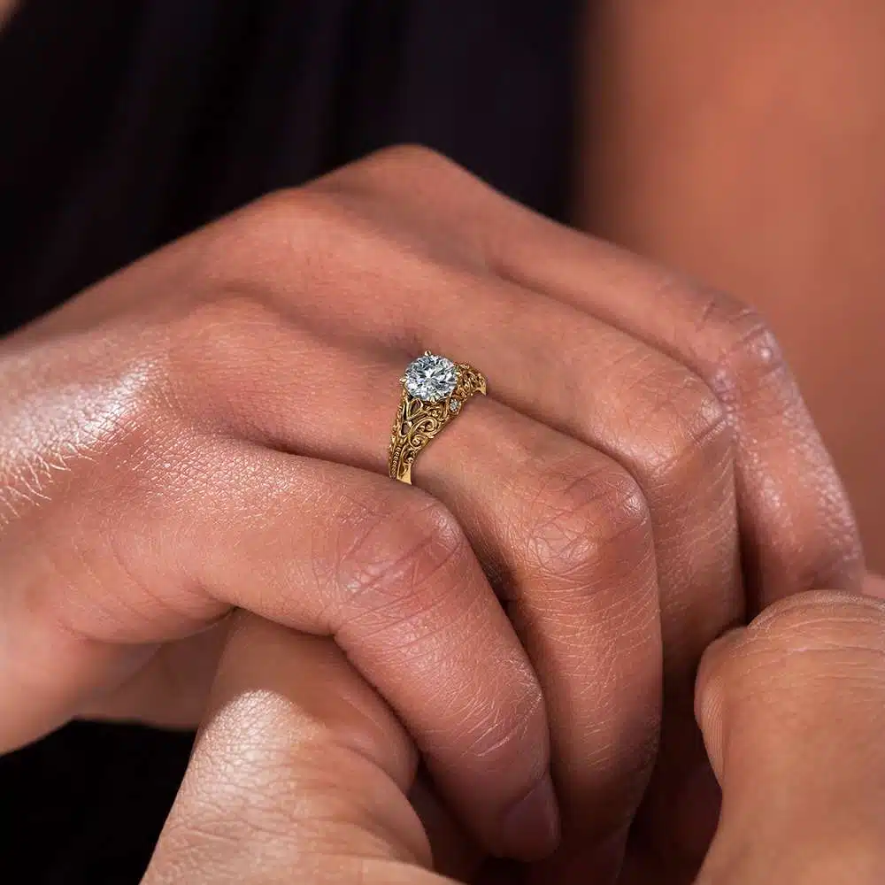 Unique Moissanite Engagement Ring 14K Yellow Gold Ring Filigree Anniversary Ring Milgrain Engagement Ring