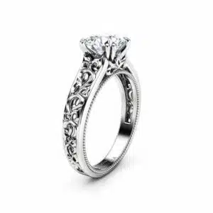 Moissanite Engagement Ring 14K White Gold Solitaire Ring Unique Miligrain Ring Anniversary Gift