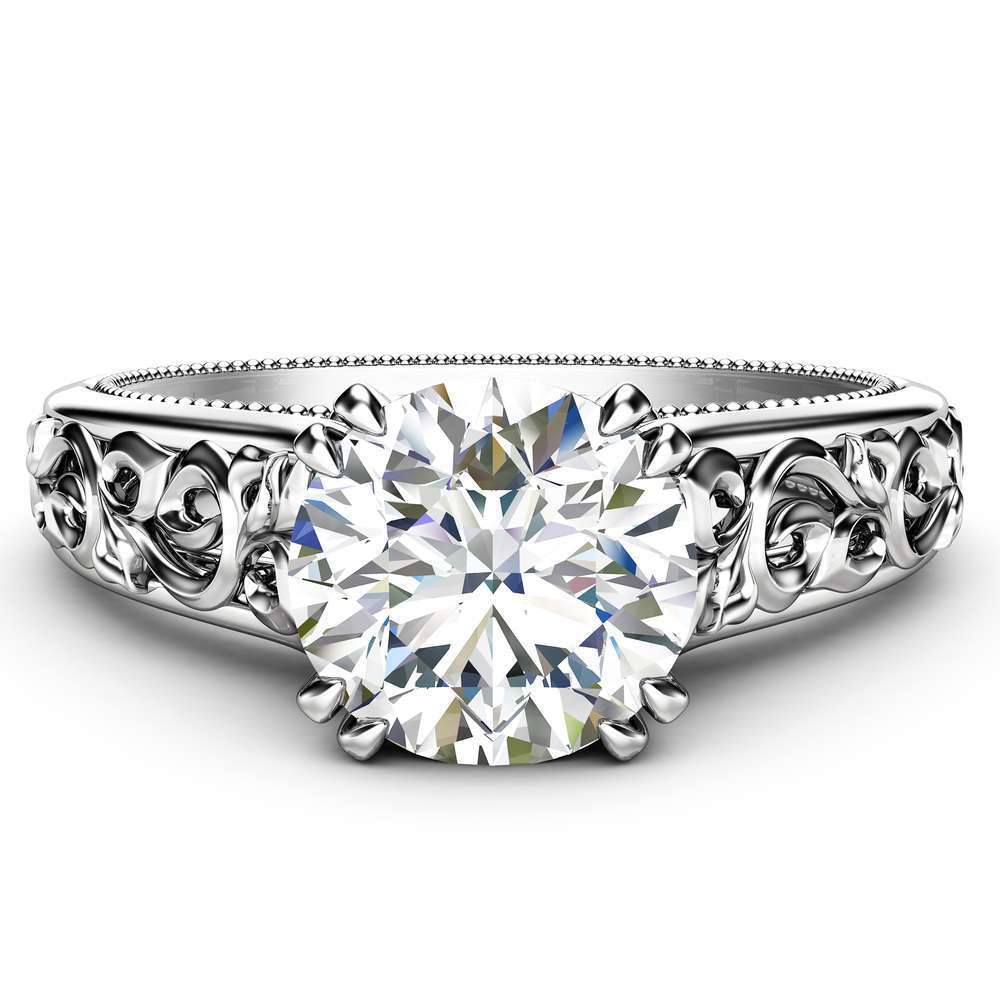 Moissanite Engagement Ring 14K White Gold Solitaire Ring Unique Miligrain Ring Anniversary Gift