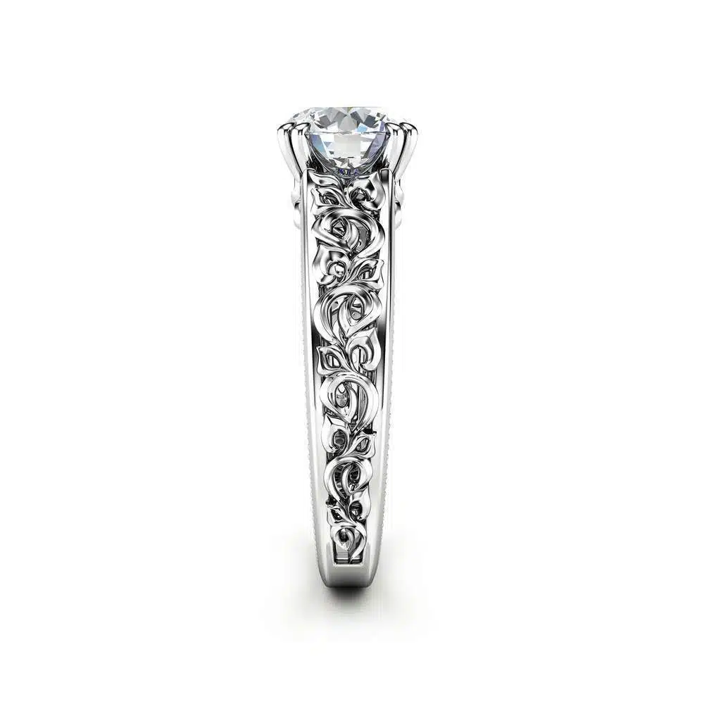 Moissanite Engagement Ring 14K White Gold Solitaire Ring Unique Miligrain Ring Anniversary Gift