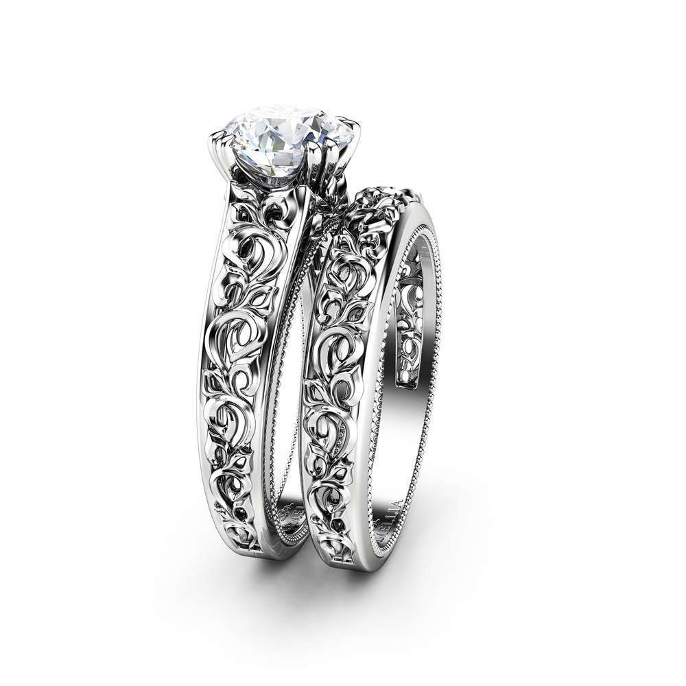 Unique Engagement Ring Set 14K White Gold Moissanite Engagement Ring Art Deco Bridal Set 1 Unique Engagement Ring Set 14K White Gold Moissanite Engagement Ring Art Deco Bridal Set