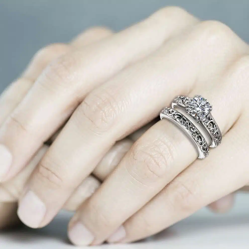 Unique Engagement Ring Set 14K White Gold Moissanite Engagement Ring Art Deco Bridal Set 4 Unique Engagement Ring Set 14K White Gold Moissanite Engagement Ring Art Deco Bridal Set