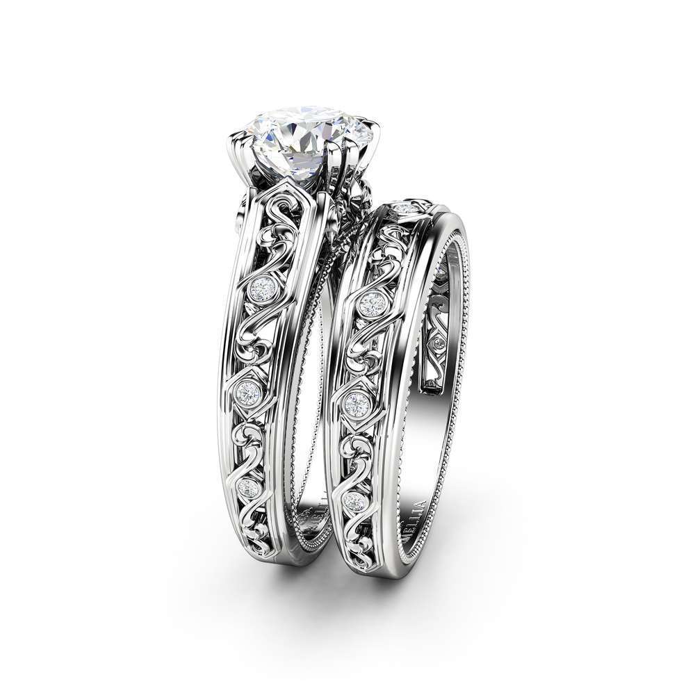 Moissanite Engagement Ring Set 14K White Gold Rings Moissanite Wedding Set Art Deco Bridal Set