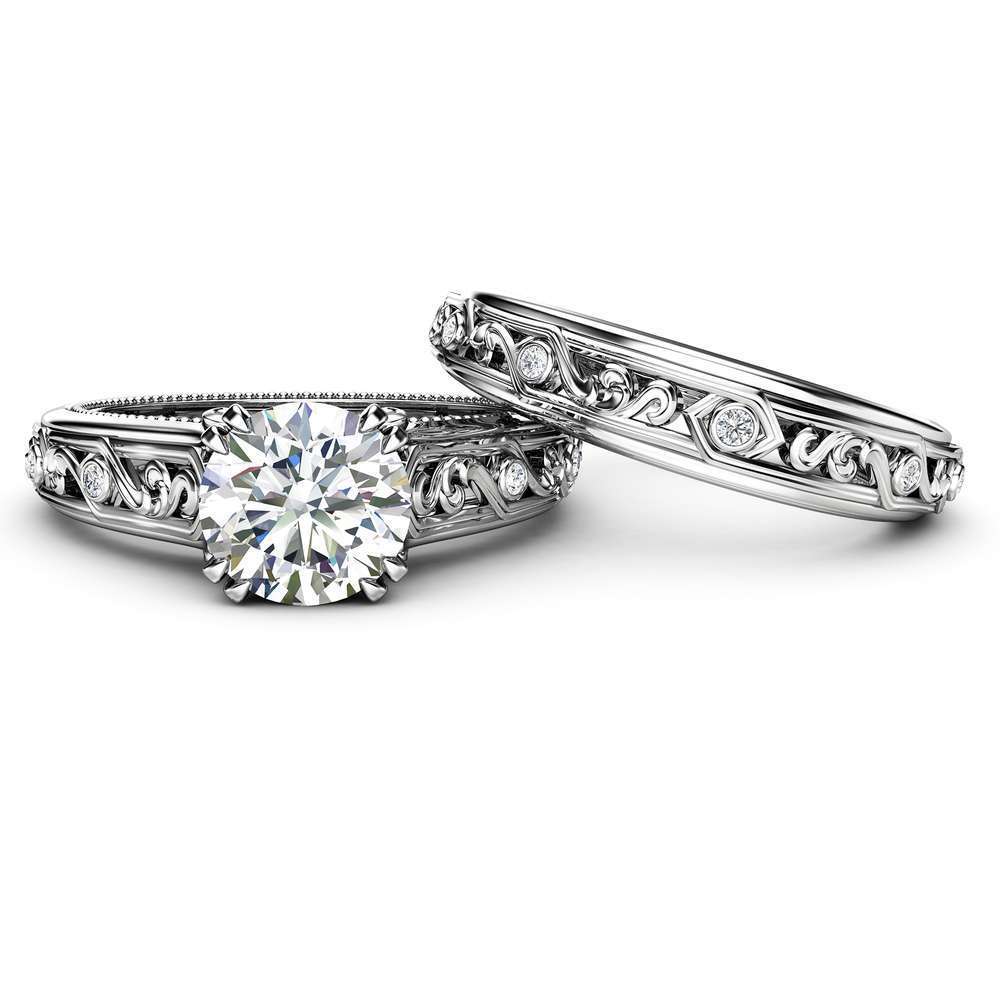 Moissanite Engagement Ring Set 14K White Gold Rings Moissanite Wedding Set Art Deco Bridal Set