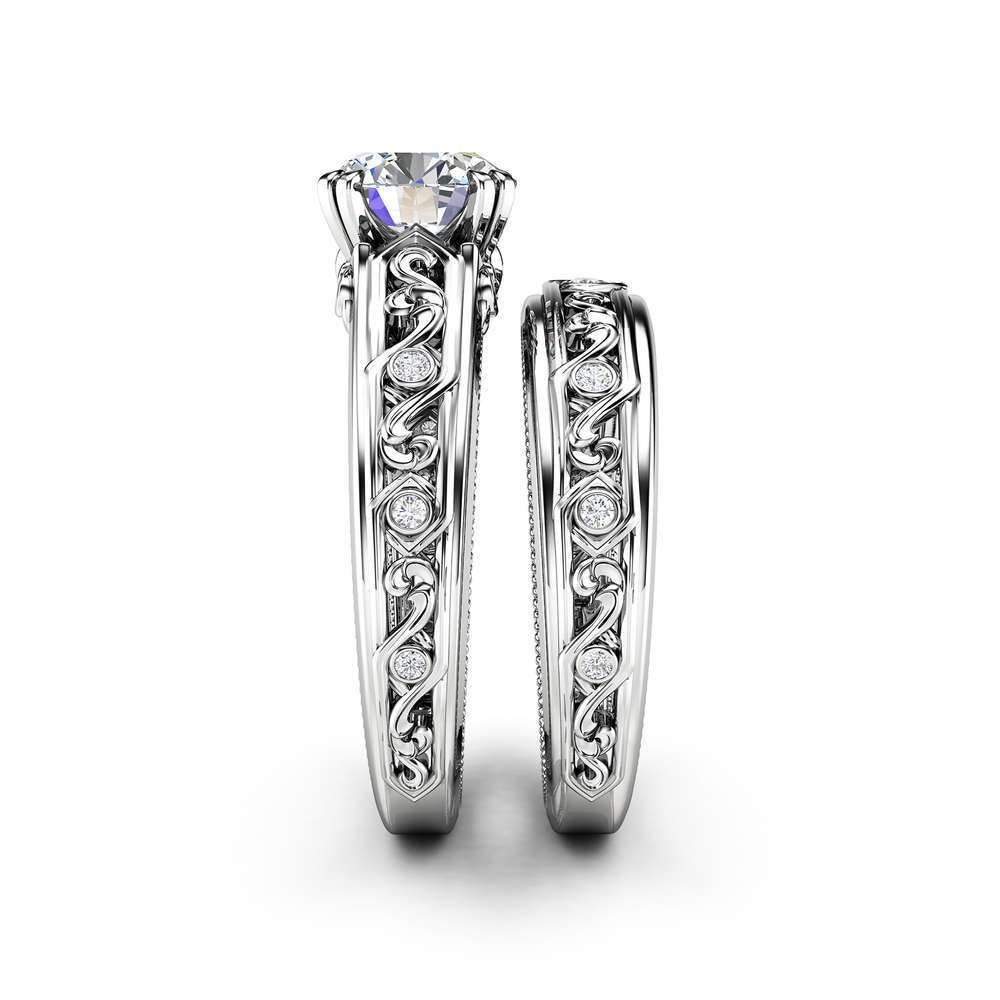 Moissanite Engagement Ring Set 14K White Gold Rings Moissanite Wedding Set Art Deco Bridal Set