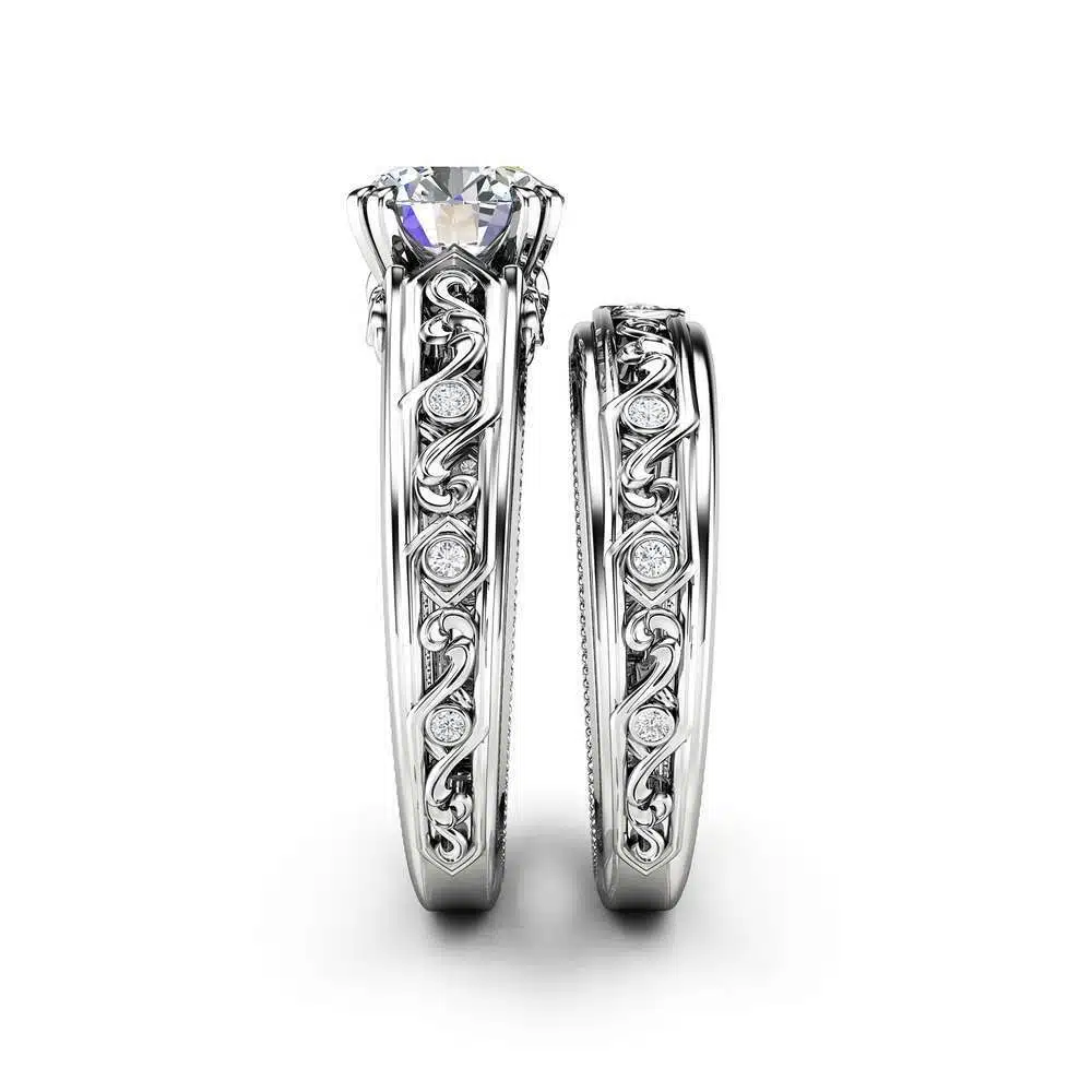 Moissanite Engagement Ring Set 14K White Gold Rings Moissanite Wedding Set Art Deco Bridal Set