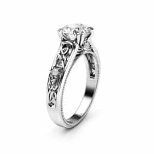 Vintage Moissanite Engagement Ring White Gold Ring Unique Art Deco Engagement Ring