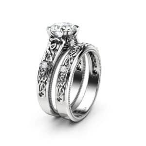 White Gold Moissanite Engagement Ring Set-Engagement Rings-Unique Moissanite Ring with Matching Band- Bridal Set