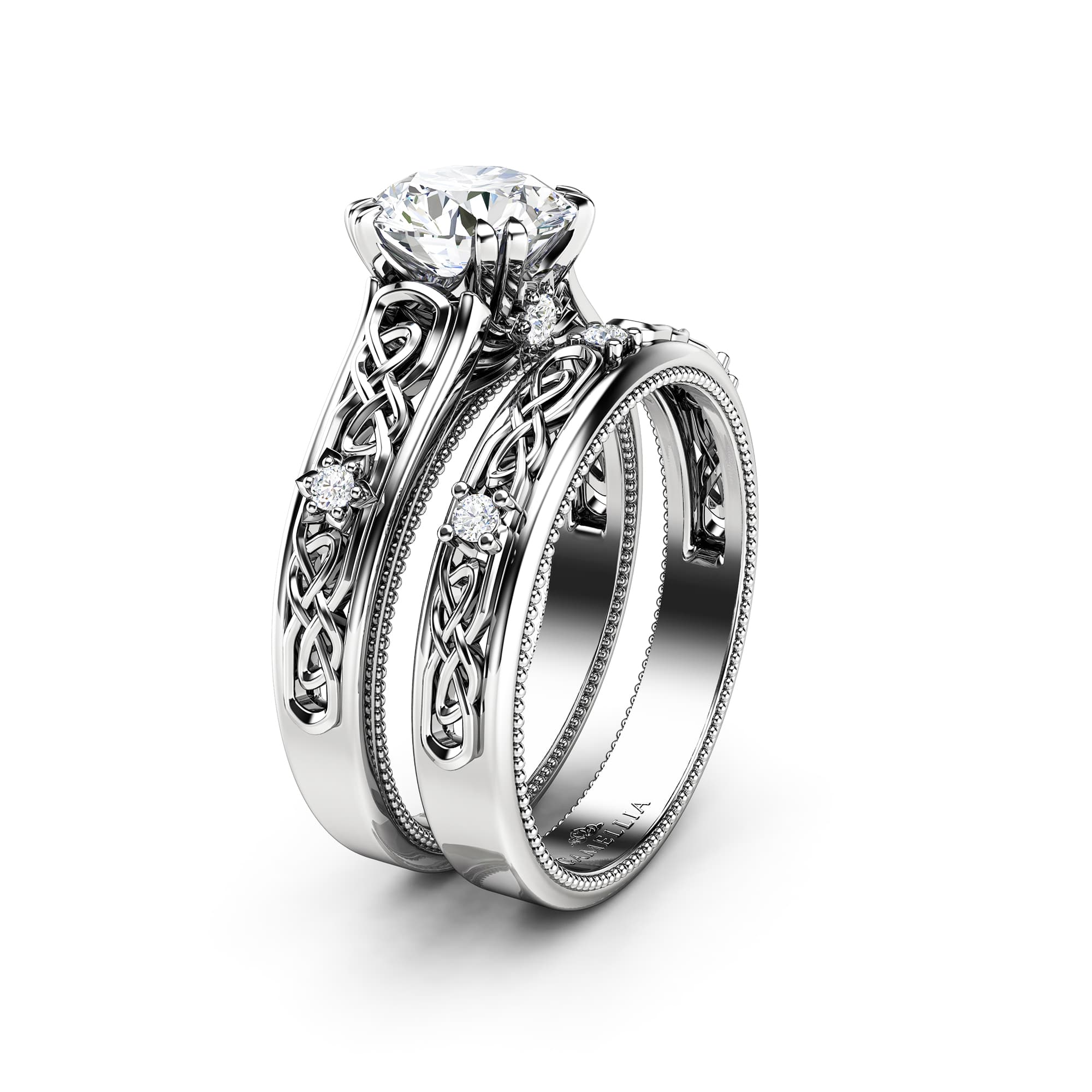 White Gold Moissanite Engagement Ring Set-Engagement Rings-Unique Moissanite Ring with Matching Band- Bridal Set 1 White Gold Moissanite Engagement Ring Set-Engagement Rings-Unique Moissanite Ring with Matching Band- Bridal Set