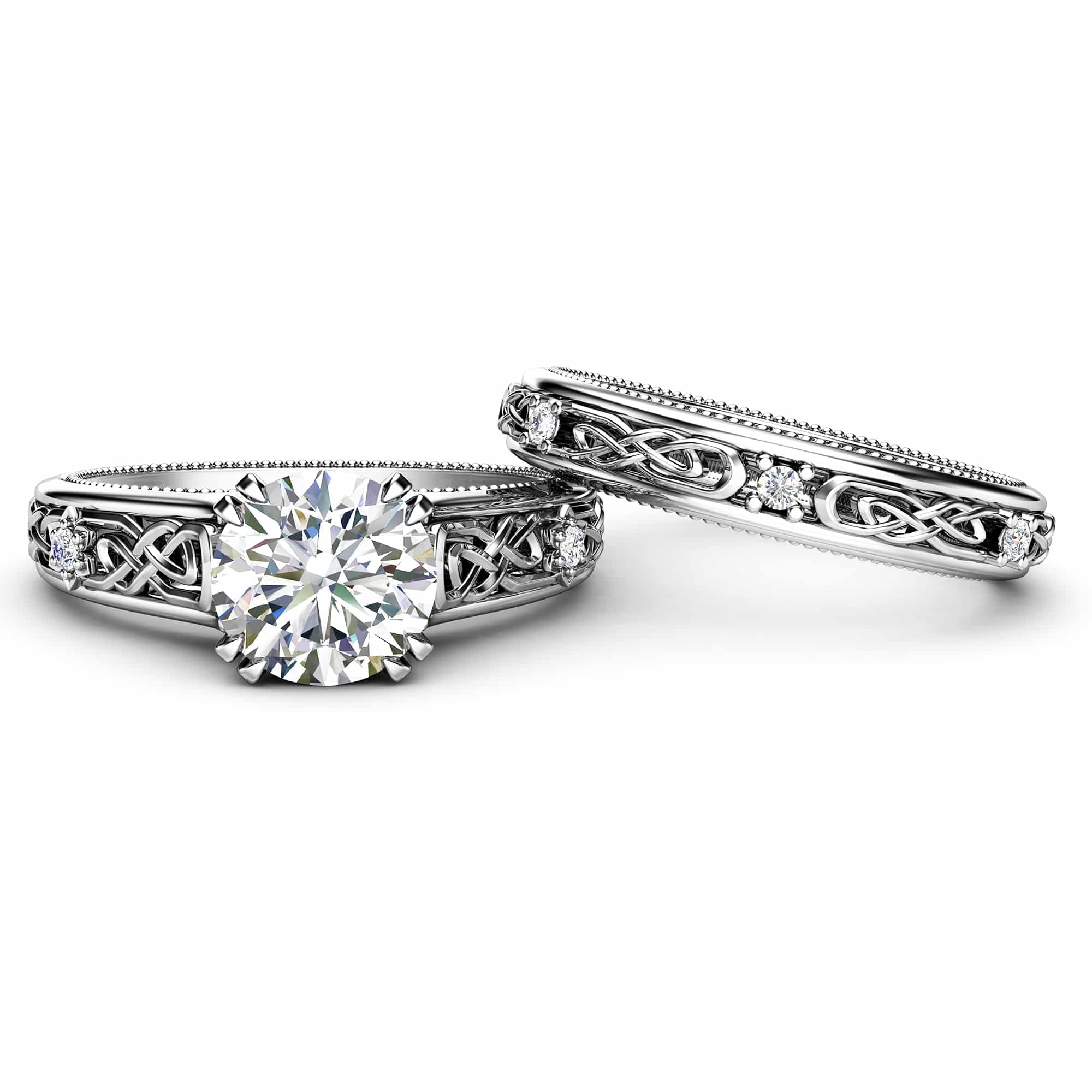 White Gold Moissanite Engagement Ring Set-Engagement Rings-Unique Moissanite Ring with Matching Band- Bridal Set 2 White Gold Moissanite Engagement Ring Set-Engagement Rings-Unique Moissanite Ring with Matching Band- Bridal Set