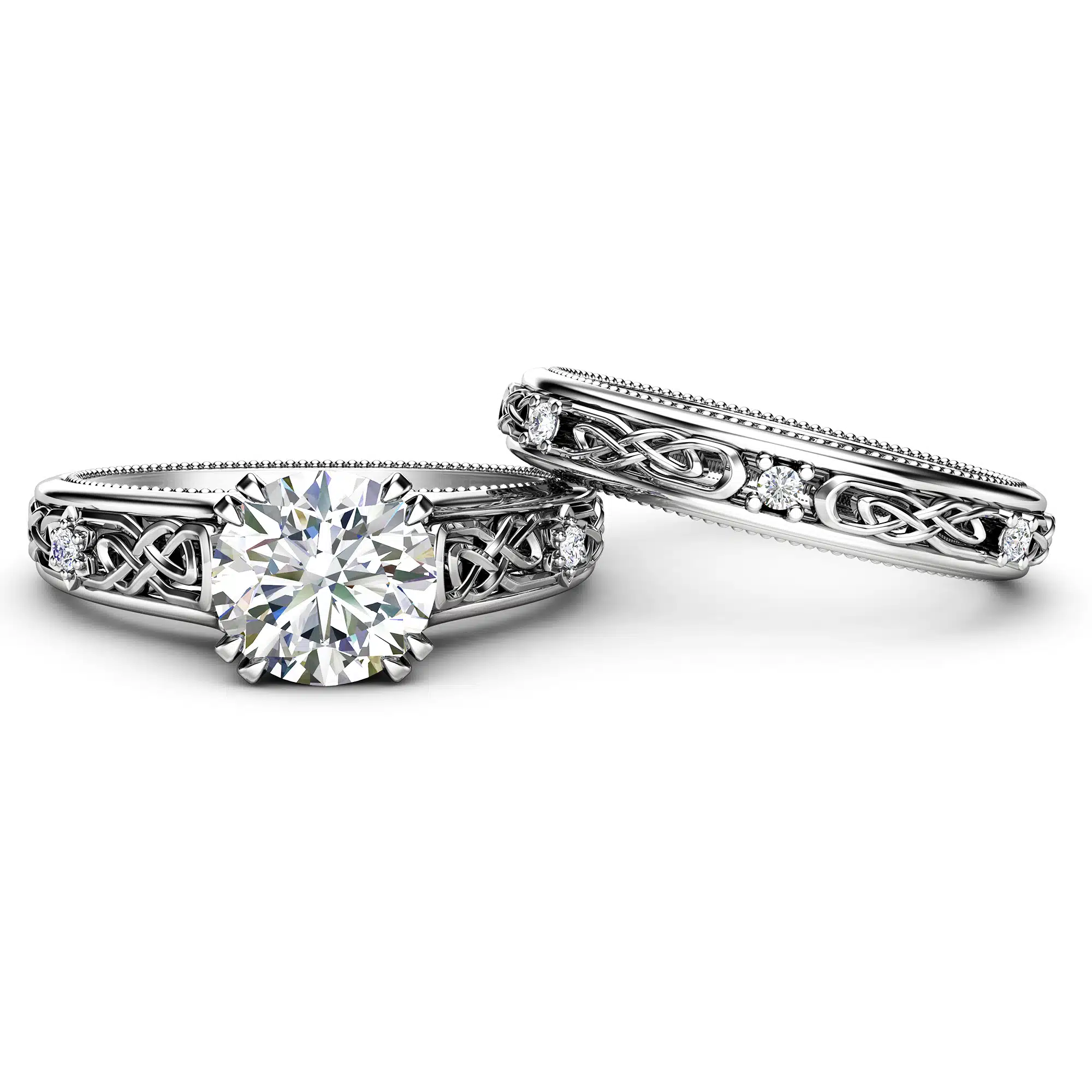 White Gold Moissanite Engagement Ring Set-Engagement Rings-Unique Moissanite Ring with Matching Band- Bridal Set