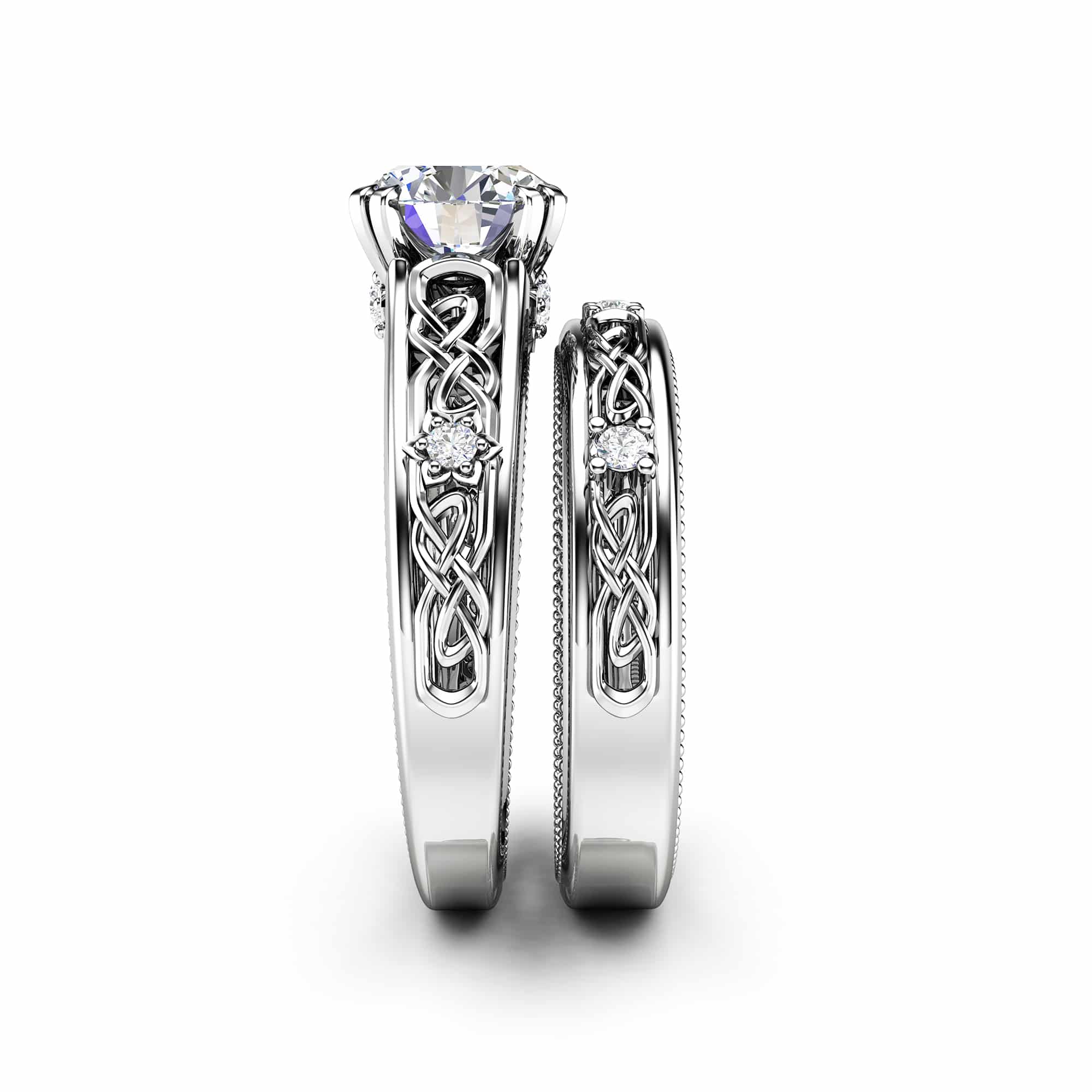 White Gold Moissanite Engagement Ring Set-Engagement Rings-Unique Moissanite Ring with Matching Band- Bridal Set 3 White Gold Moissanite Engagement Ring Set-Engagement Rings-Unique Moissanite Ring with Matching Band- Bridal Set