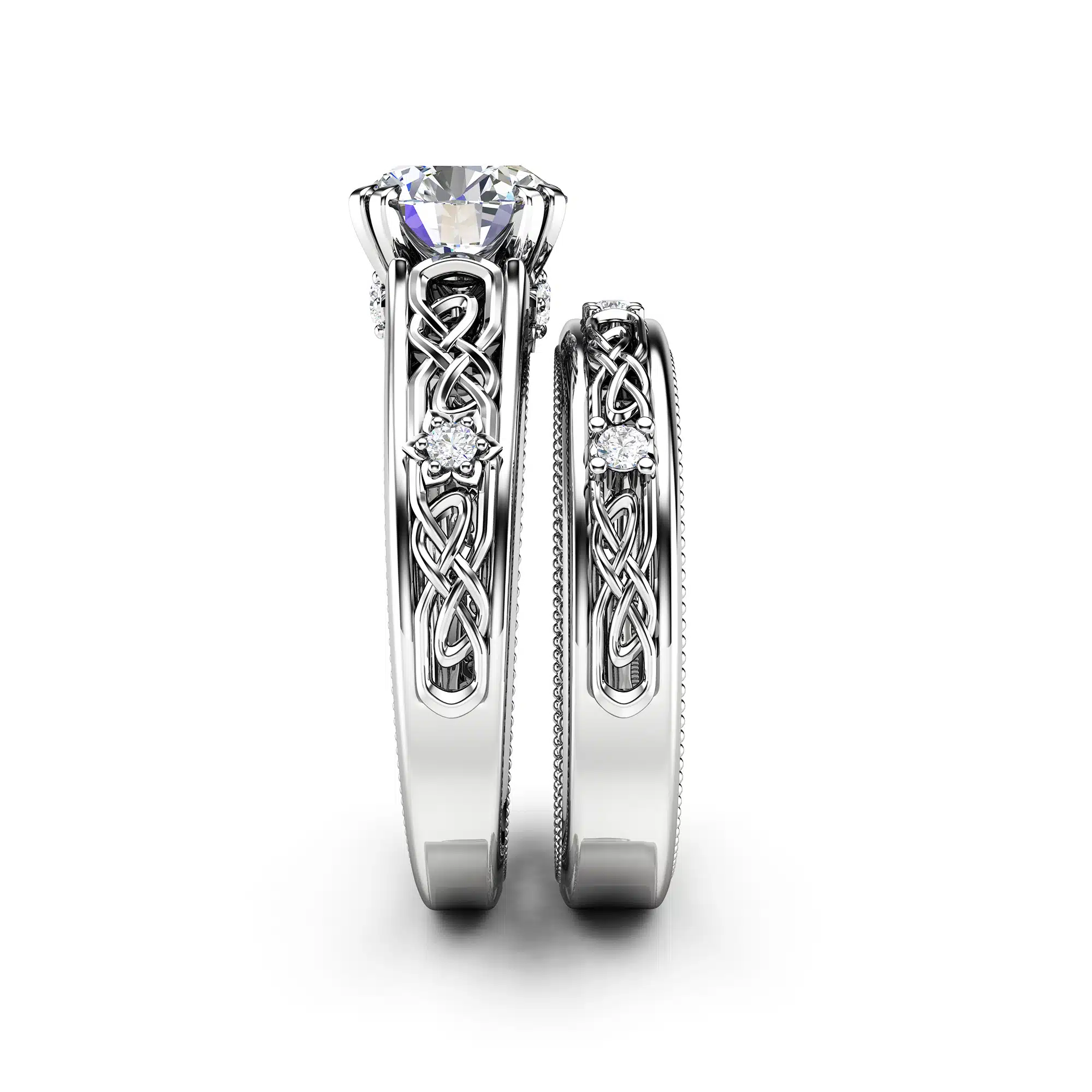 White Gold Moissanite Engagement Ring Set-Engagement Rings-Unique Moissanite Ring with Matching Band- Bridal Set