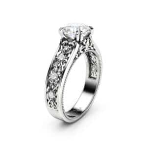 Vintage Moissanite Engagement Ring 14K White Gold Ring Unique Art Deco Engagement Ring