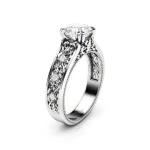 Vintage Moissanite Engagement Ring 14K White Gold Ring Unique Art Deco Engagement Ring
