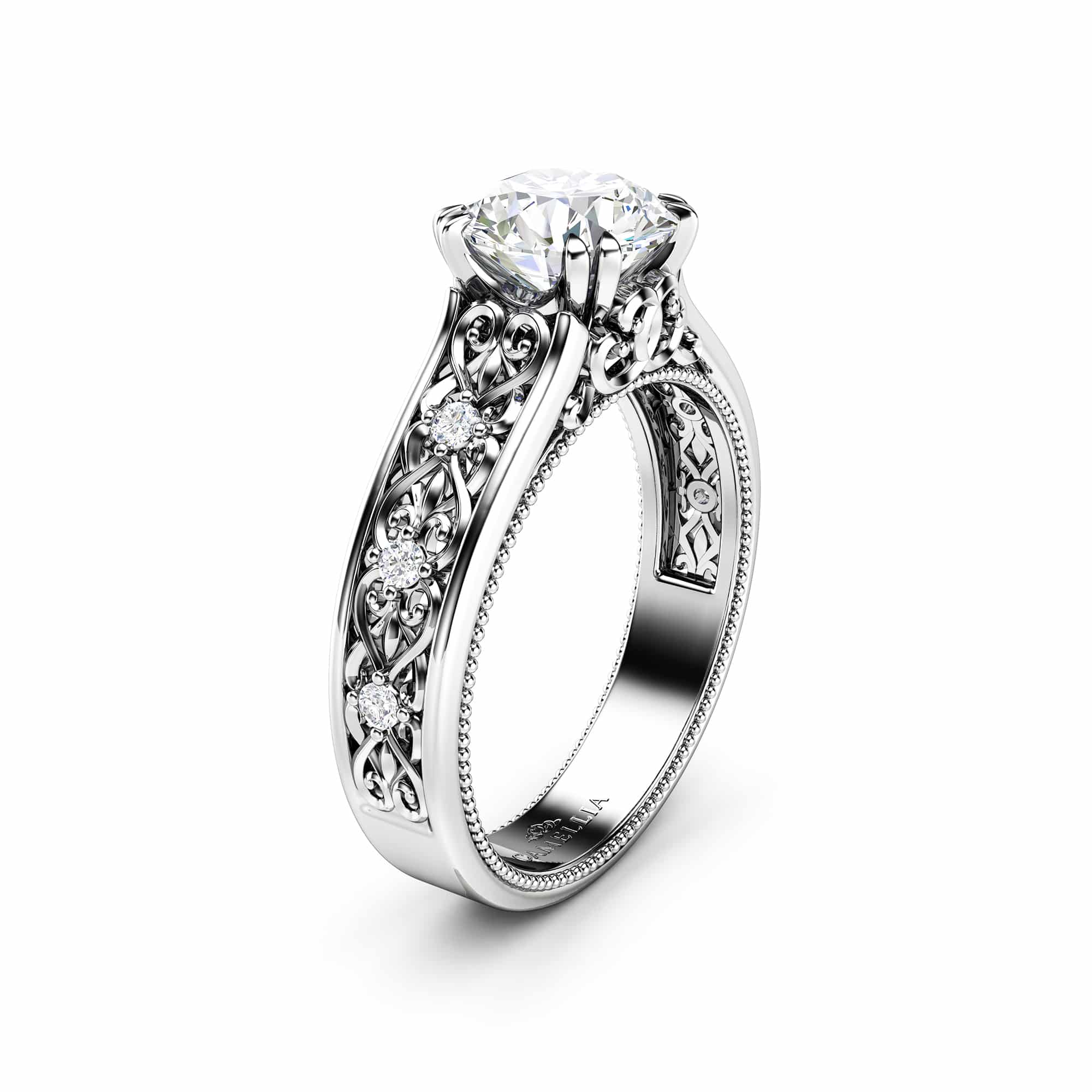 Vintage Moissanite Engagement Ring 14K White Gold Ring Unique Art Deco Engagement Ring